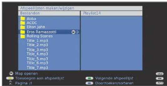 Afspeelijsten maken/wijzigen Bestanden Aoba ACDC Elton John Eros Ramazzotti Rolling Stones Title_1.mp3 Title_2.mp3 Title_3.mp3 Title_4.mp3 Title_5.mp3 Title_6.mp3 Title_7.mp3 Playlist14 Map openen Toevbogen aan afspeeltijst Página 11 Volgende afspeeltijst Doorzoeken/sorteren