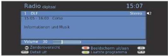 Radio digitaal 15:07 1 DIF Stereo 15.05 - 16.00 Corsio Informationen und Musik Volume 30 Zenderoversicht Data uif Beildscherm uit/aan Laatste programima