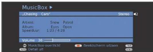 MusicBox 'Chasing Cars' Stereo 2 Arbest: Snow Patrol Album: Eyes Open Speedduur: 1.23/4.28 Volume 30 MusicBox-overzicht Beeldscherm uit/aan ND MRO Detail uit MRO