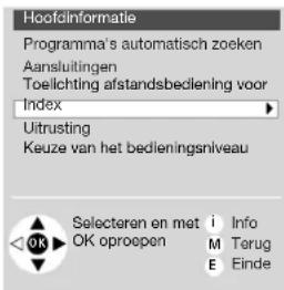 HoofdInformatie Programma's automatisch zoeken Aansluitingen Toelichting afstandsbediening voor Index Uitrusting Keuze van het bedieningsniveau Selecteren en met i Info OK oproopen M Terug E Einde