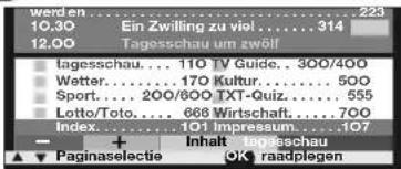 werden 223 10.30 Ein Zwilling zu viel.... 314 12.00 Tagesschau um zwölf Tagesschau.... 110 TV Guide.... 300/400 Wetter.... 170 Kultur.... 500 Sport.... 200/800 TXT-Quiz.... 555 Lotto/Toto.... 668 Wirtschaft.... 700 Index.... 101 Impressum.... 107 Inhalt Insgeschau Paginaselectie OK raadplegen
