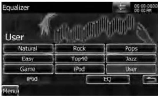 Equalizer 00:00:0000 00:00:00 User Natural Rock Pops Easy Top40 Jazz Game iPod User iPod EQ Menu