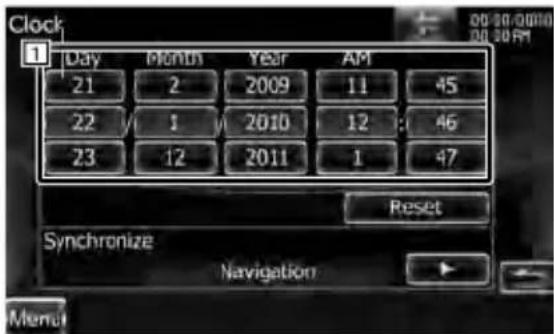 Clock 1 Day Month Year AM 21 2 2009 11 45 22 1 2010 12 : 46 23 12 2011 1 47 Reset Synchronize Navigation Menu