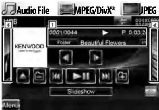 Audio File MPEG/DivX® JPEG 0001/0044 P 0:03.2 Folder Beautiful Flowers KENWOOD Slideshow Menu