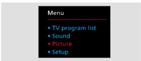 Menu • TV program list • Sound • Picture • Setup