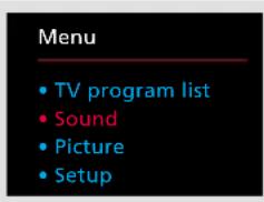 Menu • TV program list • Sound • Picture • Setup
