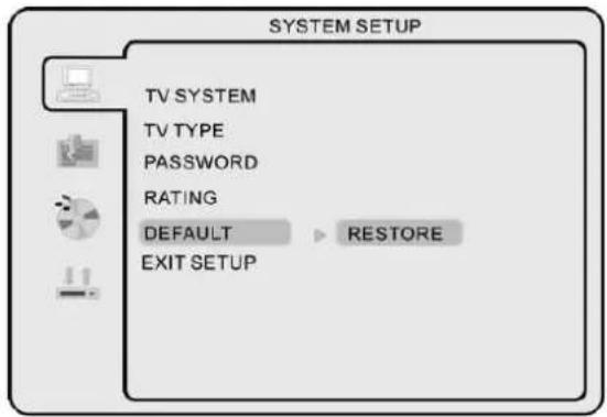 SYSTEM SETUP TV SYSTEM TV TYPE PASSWORD RATING DEFAULT RESTORE EXIT SETUP
