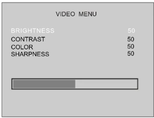 VIDEO MENU BRIGHTNESS 50 CONTRAST 50 COLOR 50 SHARPNESS 50