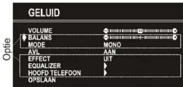 GELUID VOLUME BALANS MODE MOLO AVL AAN EFFECT UIT EQUALIZER HOOFD TELEFOON OPSLAAN Optie