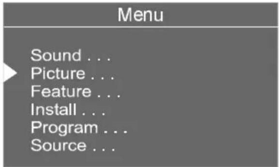 Menu Sound ... Picture ... Feature ... Install ... Program ... Source ...
