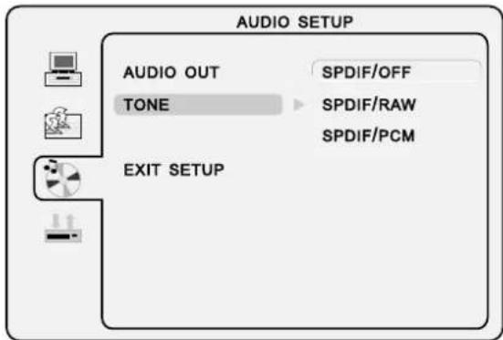 AUDIO SETUP AUDIO OUT SPDIF/OFF TONE SPDIF/RAW SPDIF/PCM EXIT SETUP
