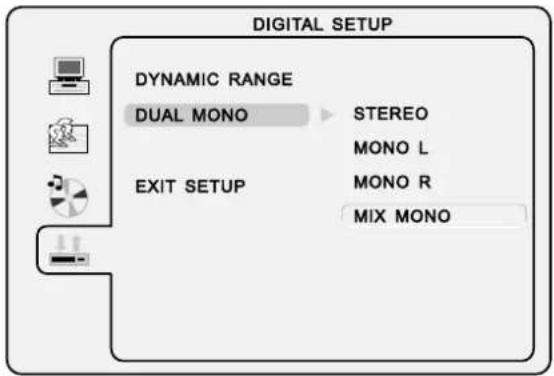 DIGITAL SETUP DYNAMIC RANGE DUAL MONO STEREO MONO L EXIT SETUP MONO R MIX MONO