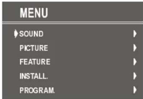 MENU ►SOUND ► PICTURE ► FEATURE ► INSTALL. ► PROGRAM. ►
