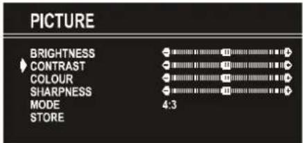 PICTURE BRIGHTNESS CONTRAST COLOUR SHARPNESS MODE STORE 4:3