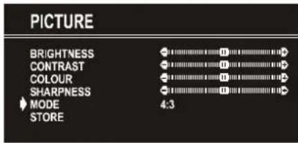 PICTURE BRIGHTNESS CONTRAST COLOUR SHARPNESS MODE STORE 4:3