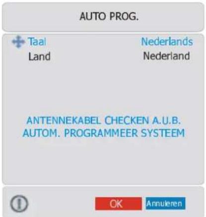 AUTO PROG. + Taal Land Nederlands Nederland ANTENNEKABEL CHECKEN A.U.B. AUTOM. PROGRAMMEER SYSTEM OK Annulieren
