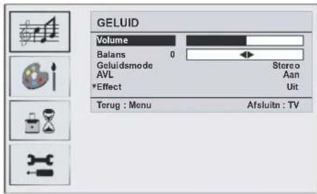 GELUID Volume Balans 0 Geluidsmode AVL *Effect Stereo Aan Uit Terug : Menu Afsluitn : TV