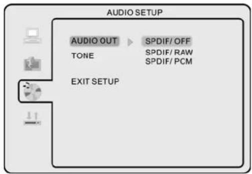 AUDIO SETUP AUDIO OUT SPDIF/OFF TONE SPDIF/RAW SPDIF/PCM EXIT SETUP