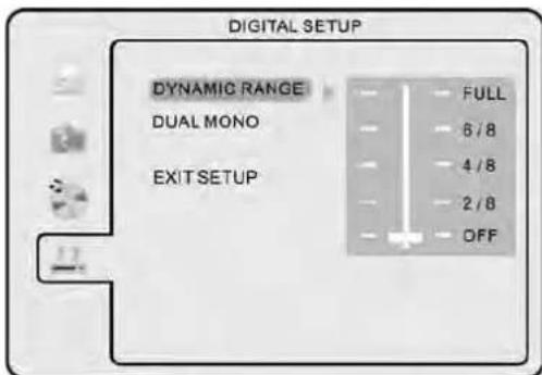 DIGITAL SETUP DYNAMIC RANGE FULL DUAL MONO 6/8 4/8 2/8 EXIT SETUP OFF