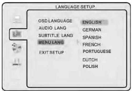LANGUAGE SETUP OSD LANGUAGE ENGLISH AUDIO LANG GERMAN SUBTITLE LANG SPANISH MENU LANG FRENCH EXIT SETUP PORTUGUESE DUTCH POLISH