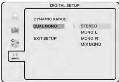 DIGITAL SETUP DYNAMIC RANGE DUAL MONO STEREO MONO L EXIT SETUP MONO R MIX MONO