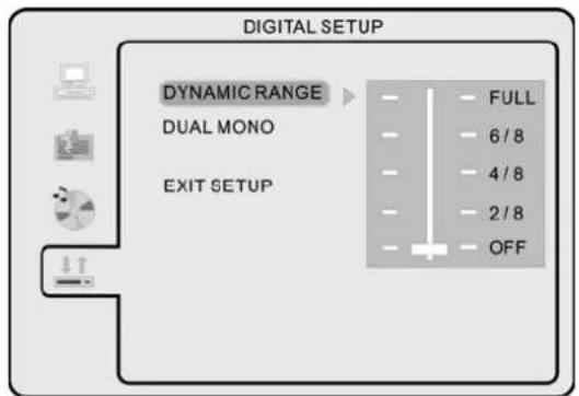 DIGITAL SETUP DYNAMIC RANGE FULL DUAL MONO 6/8 4/8 2/8 EXIT SETUP OFF