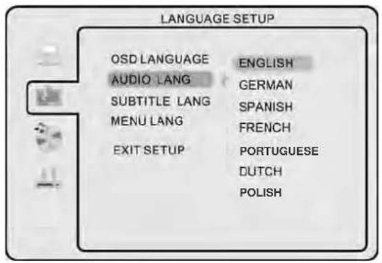 LANGUAGE SETUP OSD LANGUAGE ENGLISH AUDIO LANG GERMAN SUBTITLE LANG SPANISH MENU LANG FRENCH EXIT SETUP PORTUGUESE DUTCH POLISH