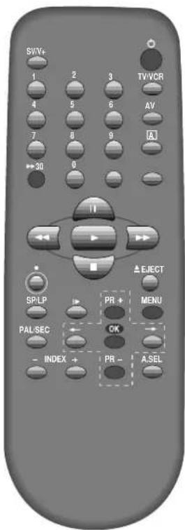 S/N+ 1 2 3 4 5 6 7 8 9 →30 0 TV/VCR AV [A] II SP/LP PAL/SEC PR + OK INDEX + PR - A.SEL EJECT MENU