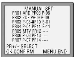 MANUAL SET PR01 ARD PR08 P-08 PR02 ZDF PR09 P-09 PR03 P-03 PR10 E-01 PR04 P-04 PR11 P-11 PR05 MTV PR12 ---- PR06 P-06 PR13 ---- PR07 P-07 PR14 ---- PR+/-:SELECT OK:CONFIRM MENU:END