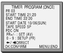 TIMER PROGRAM (ONCE) PR 03 START TIME 21:20 END TIME 22:20 START DATE 10/06(SUN) TAPE SPEED SP PDC ON PR+/- : SET (AV) 0 - 9 : SETUP (PR) + / *CORRECT OK:CONFIRM MENU:END