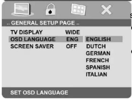 ..GENERAL SETUP PAGE .. TV DISPLAY WIDE OSD LANGUAGE ENG ENGLISH SCREEN SAVER OFF DUTCH GERMAN FRENCH SPANISH ITALIAN SET OSD LANGUAGE