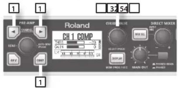 1 PRE-AMP CHANNEL SENS 48V COMP 32 54 Roland CH 1 COMP THRS 29 GAIN 0 LV 61 50 40 31 GR CURSOME VALUE DIRECT MIXER INPUT INC. MER SEL SELECT PUSH DISPLAY MAIN OUT PHRONS-MAN PHRONS