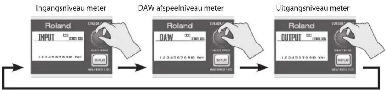 graph LR A["Ingangsniveau meter"] --> B["DAW afspeelniveau meter"] B --> C["Uitgangsniveau meter"]