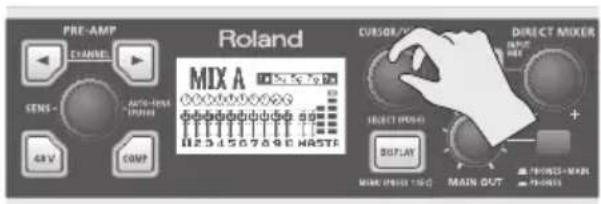 PRE-AMP CHANNEL SENS - 48 V COMP Roland MIX A 1234507890 HASTE CUSOR/CC DIRECT MIXER SELECT POLD + DISPLAY MAIN OUT TROSS-MAX Y-OSS