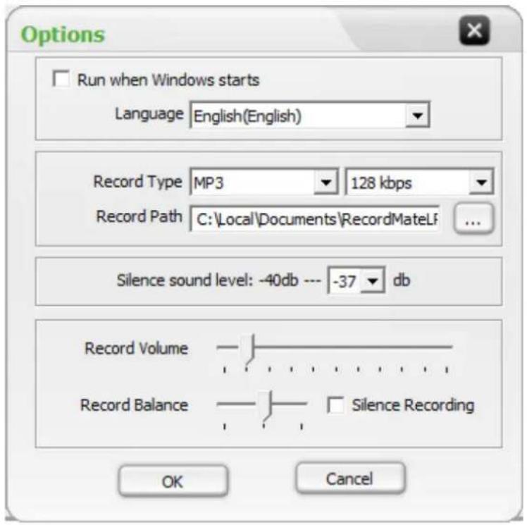 Options Run when Windows starts Language English(English) Record Type MP3 128 kbps Record Path C:\Local\Documents\RecordMateLf ... Silence sound level: -40db --- -37 db Record Volume Record Balance Silence Recording OK Cancel