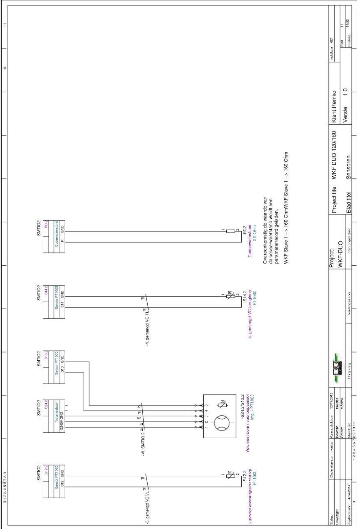 -SMTIO2 S12.2 Sensor PT1000 S12 CND -3. gemengd VC VL S 3. gemengd verwemmingscircuit voorloop PT1000 -S12.2 -VL SMTIO 2 Volumestroom / voorloopsensor Imp. / PT1000 -S24.2/S13.2 -S21.2 S245V GND -SMTIO2 S13.2 Sensor PT1000 S13 CND -SMTIO2 S14.2 Sensor PT1000 S14 CND -4. gemengd VC TL S14.2 4. gemengd VC terugloop PT1000 -S14.2 RC2 Codeerweerstand XX Ohm Overeenkomstig de waarde van de codeerweerstand wordt een parameterrecord geladen. WKF Slave 1 --> 160 OhmWKF Slave 1 --> 160 Ohm Status: Onderlekensor mwetsis Aahmaskdatum 12/7/2013 Project: Project titel WKF DUO 120/180 Klant:Remko Installatie 0C1 Gewzigos: Bework mwetsis Kotoc: wochte Blad titel Sensoren Algilledatum: 4/14/2014 Standards Oorsprong Vervangen voor Vervangen door Blad titel 1.0 Blad titel 14/32 0 1 2 3 4 5 6 7 8 9 10 11