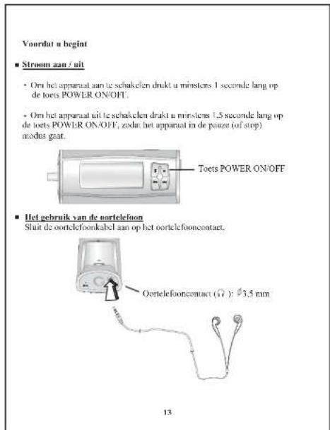 Voordat u begint ■ Stroum aan / uit • Om het appraual aan te schakelen drukt u minstens 1 seconde lang op de toets POWER ON/OFF. • Om het appraual uit te schakelen drukt u minstens 1,5 seconde lang op de toets POWER ON/OFF, zodat het appraual in de panze (of stop) modus gaat. Toets POWER ON/OFF ■ He…
