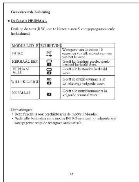 Geavanceerde bediening ■ De functie HERHAAL. Drak op de toets (RFC) om te kiezen tussen 5 voorgeprogrammierde herhaalmodi. MODUS LCD - BISCIIRIJVING INTRO INT → Weergave van de eerste 10 seconden van elk muzieknummer van het bestand. HERHAAL EEN 1 Geeft het huidige geselecteerde bestand herbaald wee…