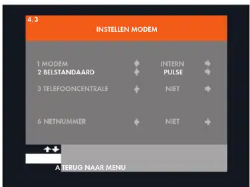 4.3 INSTELEN MODEM 1 MODEM + INTERN + 2 BELSTANDAARD + PULSE + 3 TELEFOONCENTRALE + NIET + 6 NETNUMMER + NIET + A TERUG NAAR MENU
