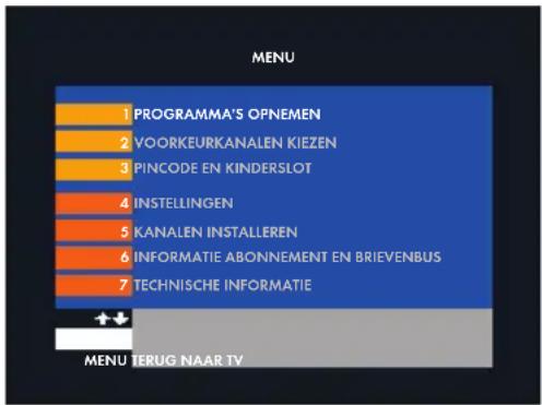 MENU 1 PROGRAMMA'S OPNEMEN 2 VOORKEURKANALEN KIEZEN 3 PINCODE EN KINDERSLOT 4 INSTELLINGEN 5 KANALEN INSTALLEREN 6 INFORMATIE ABONNEMENT EN BRIEVENBUS 7 TECHNISCHE INFORMATIE MENU TÜRUG NAAR TV