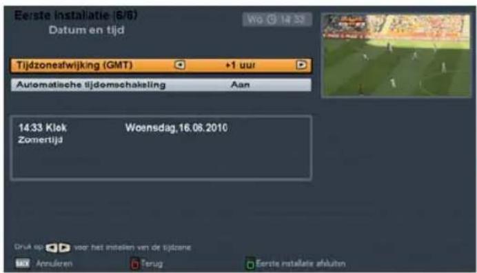 Eerste installatie (S/6) Datum en tijd Wo (G) 14:33 Tijdzoneafwijking (GMT) +1 uur Automatische tijdomeschakeling Aan 14.33 Klok Woensdag,16.08.2010 Zomentijd