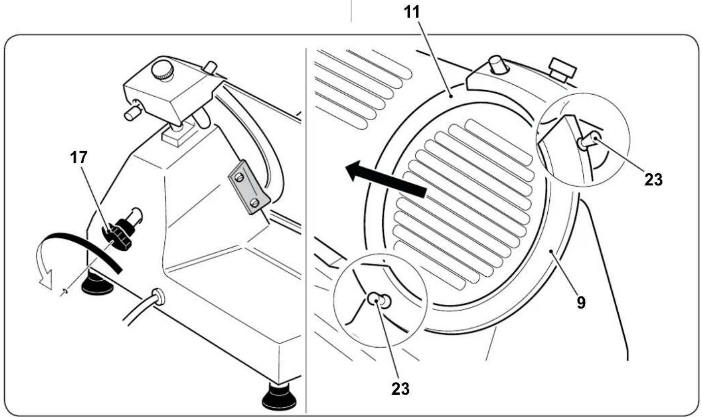 Technical diagram of a mechanical device with numbered components and directional arrows indicating motion or assembly.