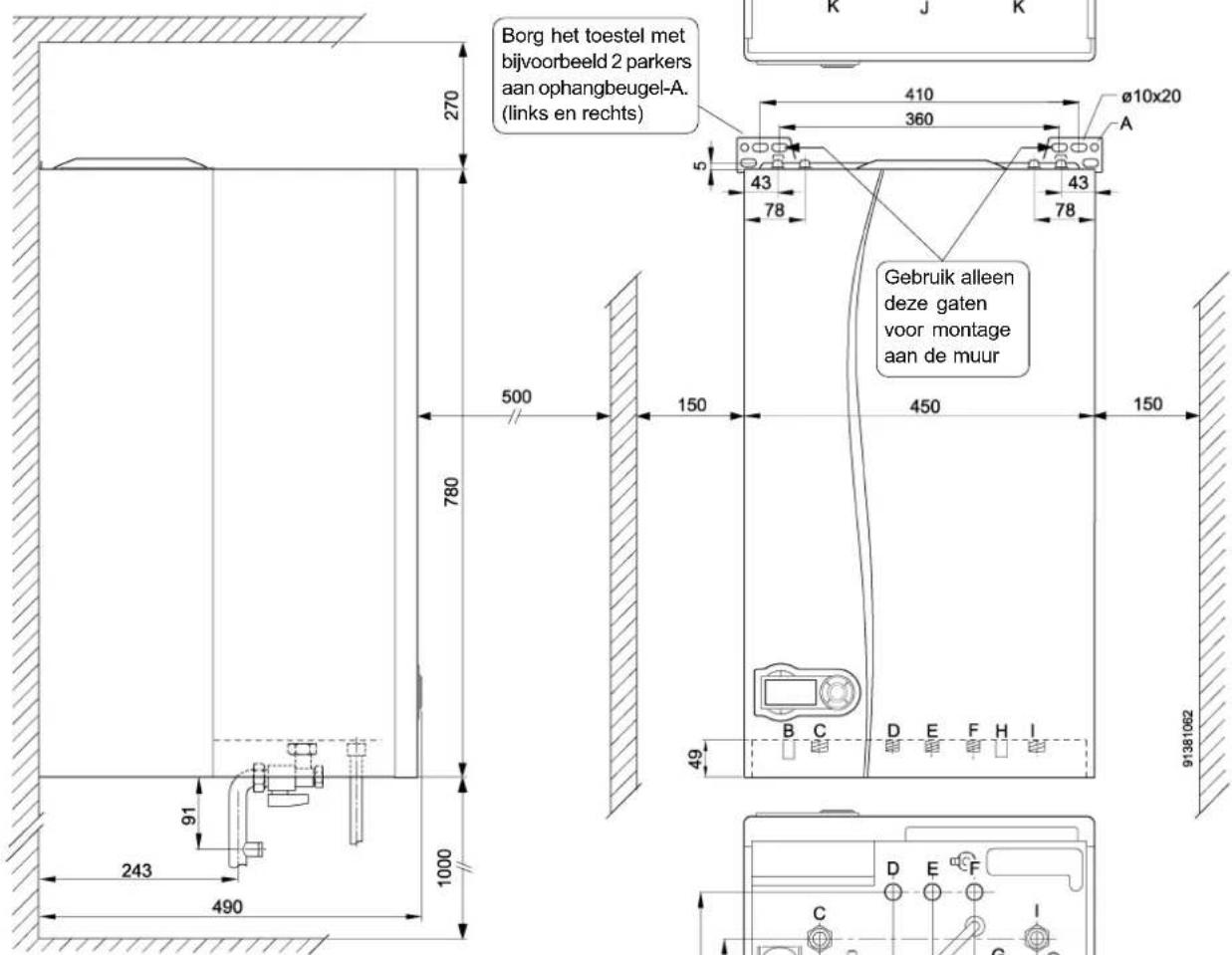 Borg het toestel met bijvoorbeeld 2 parkers aan ophangbeugel-A. (links en rechts) 500 780 1000 243 91 490 270 410 360 ø10x20 A Gebruik alleen deze gaten voor montage aan de muur 43 43 78 450 150 49 91381062 C D E F H I G I