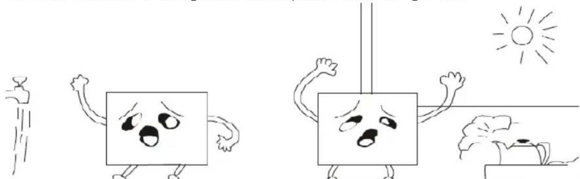 Cartoon illustration of two anthropomorphic blocks with angry faces and expressive gestures, set against a sun and water background (no text or symbols)
