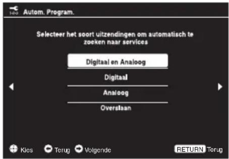 Autom. Program. Selecteer het soort uitzendingen om automatisch te zoeken naar services Digital en Analoog Digital Analoog Overstaan Kies Terug Volgende RETURN Terug