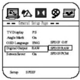 General Setup Page TVDisplay PS Angle Mark On GOLD Language ENG SPD/OF Off Digital Output RAW SPD/DRAW Screen/Save On SPD/OPCM Setup SPD/IF