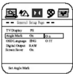 General Setup Page TV Display PS Angle Mark On On OIS Language ING Off Digital Output RAW Screen Filter On Set Angle Mark