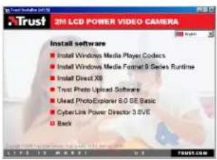 2M LCD POWER VIDEO CAMERA Install software ■ Install Windows Media Player Codes ■ Install Windows Media Format 9 Series Runtime ■ Install DirectX ■ Test Photo Upload Software ■ Used PhotoExplorer 6.0 SE Basic ■ CyberLink Power Director 3.0/VE ■ Back