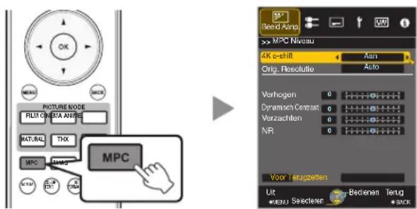 PICTURE NODE FILIT O'ENJA ANTHE NATURAL THX MPC MPC MPC Boerd Amp MPC Niveau 4K c-shift Man Orig. Resolute Auto Verhogen 0 Dynamisch Contrast 0 Varzachten 0 NR 0 Voor Terugstellen Uit *MEU Sactenter Bedienen Terug *BACK