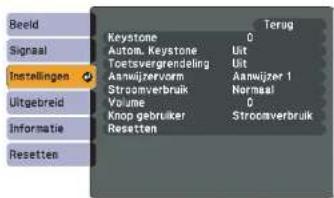 Beeld Signaal Instellingen Uitgebreid Informatie Resetten Terug Keystone 0 Automatische keystone Uit Toetsvergrendeling Uit Aanwijzervorm Aanwijzer 1 Stroomverbruik Normaal Volume 0 Knop gebruiker Resetten Stroomverbruik
